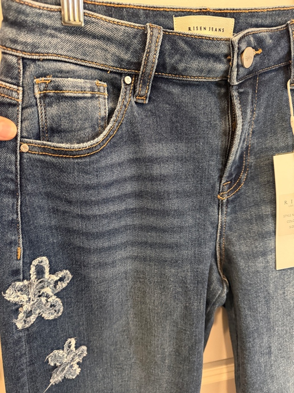 RISEN - Women's Mid Blue Embroidered Floral Jeans - Picture 14 of 16